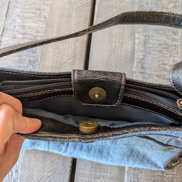 Vintage Denim and Leather Y2K Mini Shoulder Bag Purse Pockets Ties - Picture 7 of 7